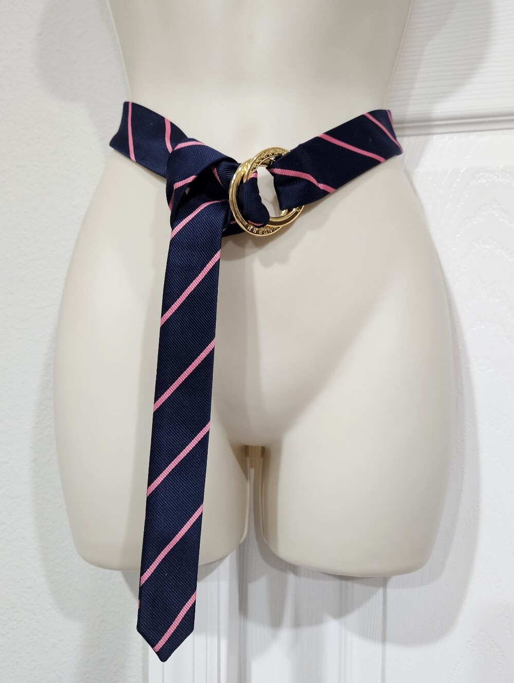Ralph Lauren Navy and Pink Striped Tie Belt with Gold Ring